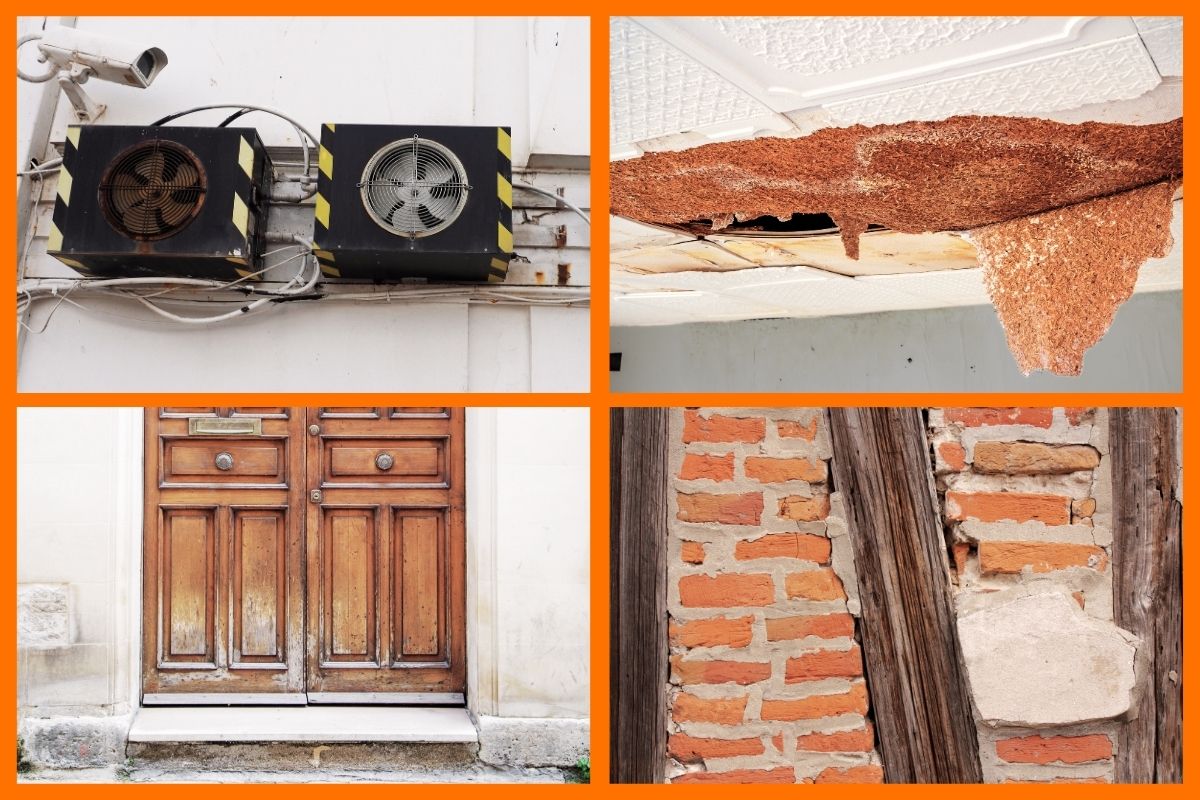 View of grid of 4 images showing broken, dilapidated masonry, brickwork and peeling ceiling tiles from leak (water ingress). Building exterior and interiors.  Image collage highlights the risks that ageing facilities and infrastructure causes, including  structural deterioration to increased maintenance costs. 