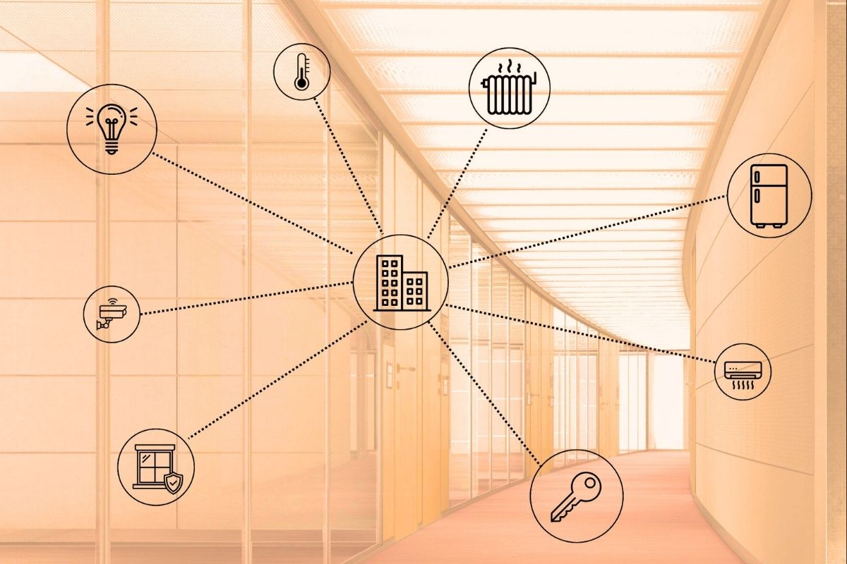 Office building corridor with smart icons overlaid, illustrating the evolution of Building Automation Systems (BAS) connecting heating, cooling, lighting, security, and access control.
