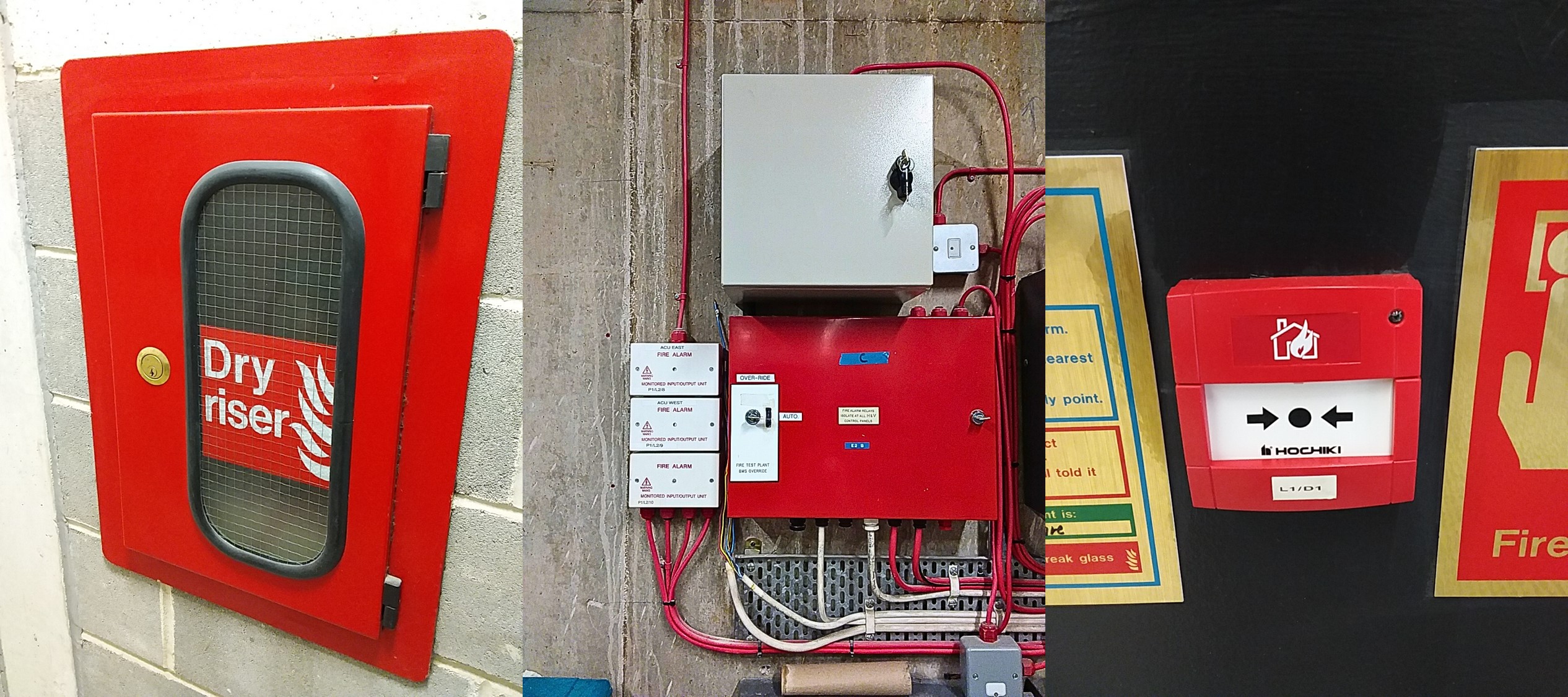 Collection of fire safety building measures include dri riser, advanced fire alarms, fire emergency activation buttons and signage. 