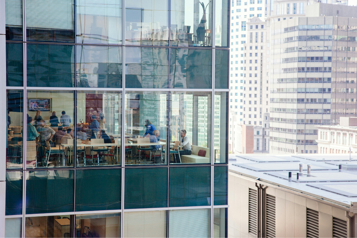 View through the window of a modern office building.