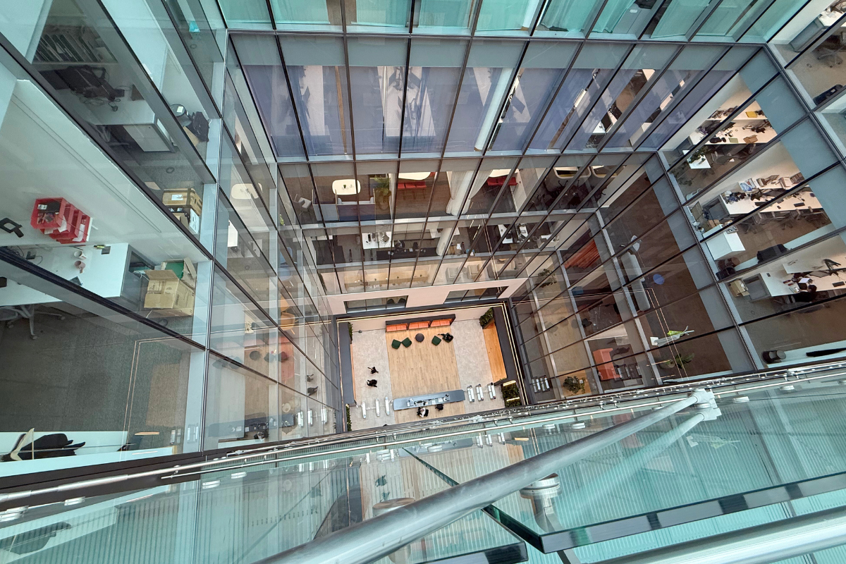 View of the atrium inside a modern commercial office building.