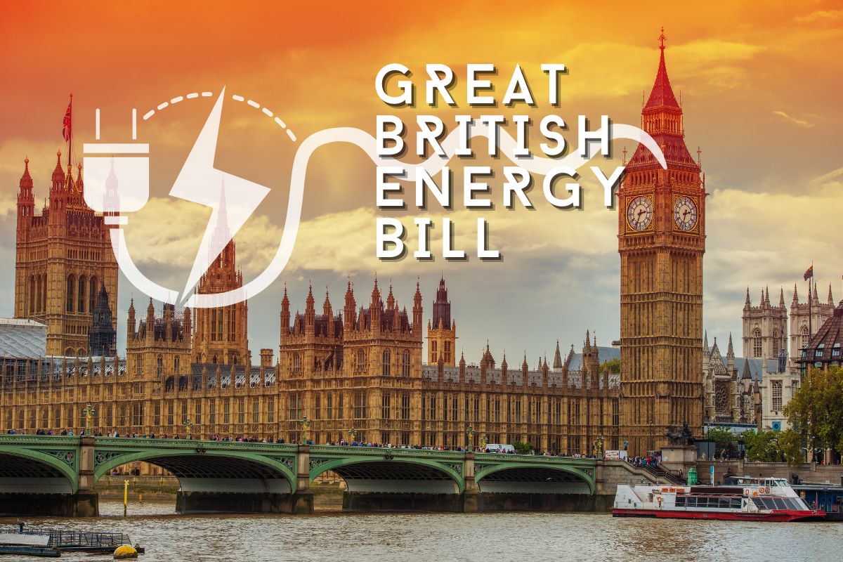 Great British Energy Bill icon with an electric plug and bolt symbol over a sunset view of the Palace of Westminster and Big Ben, symbolising energy and sustainability in the UK Parliament.