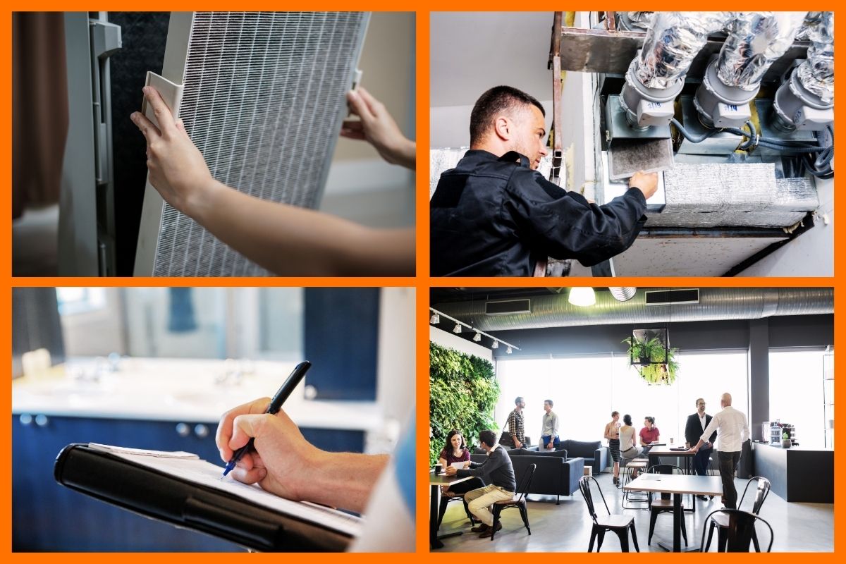 View of grid of 4 images showing engineers and technicians inspecting office ventilation and air flow equipment to ensure the proper functioning of IAQ equipment.  Proper ventilation is a key part of these standards, ensuring that buildings can maintain energy performance without compromising on air quality​​. Buildings that are more energy-efficient often feature advanced ventilation and air filtration systems, supporting overall better air quality​​.