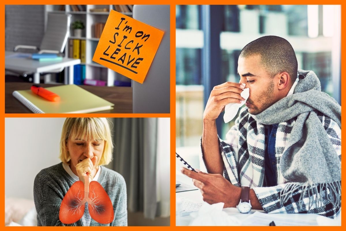 View of grid of 3 images showing broken poorly office workers and a sick leave notice on a colleagues door.  Poor Indoor Air Quality (IAQ) can lead to respiratory issues, allergies, and reduced cognitive function, affecting everything from daily comfort to long-term health. With many people spending about 90% of their time indoors, ensuring clean and fresh air is more important than ever.