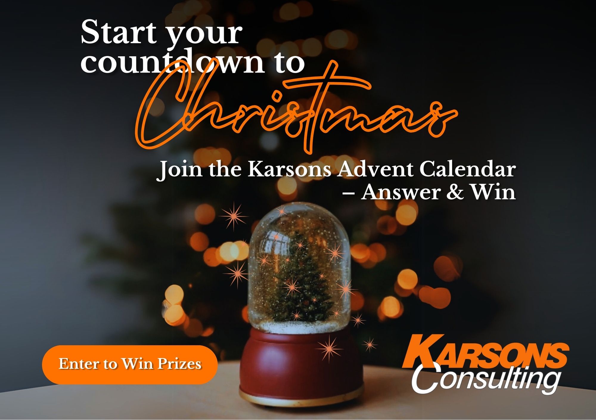 A festive snowglobe with a Christmas tree and falling snowflakes inside, set on a table. In the background, a blurred Christmas tree with warm orange and gold lights creates a cozy, holiday ambiance. The image includes text: 