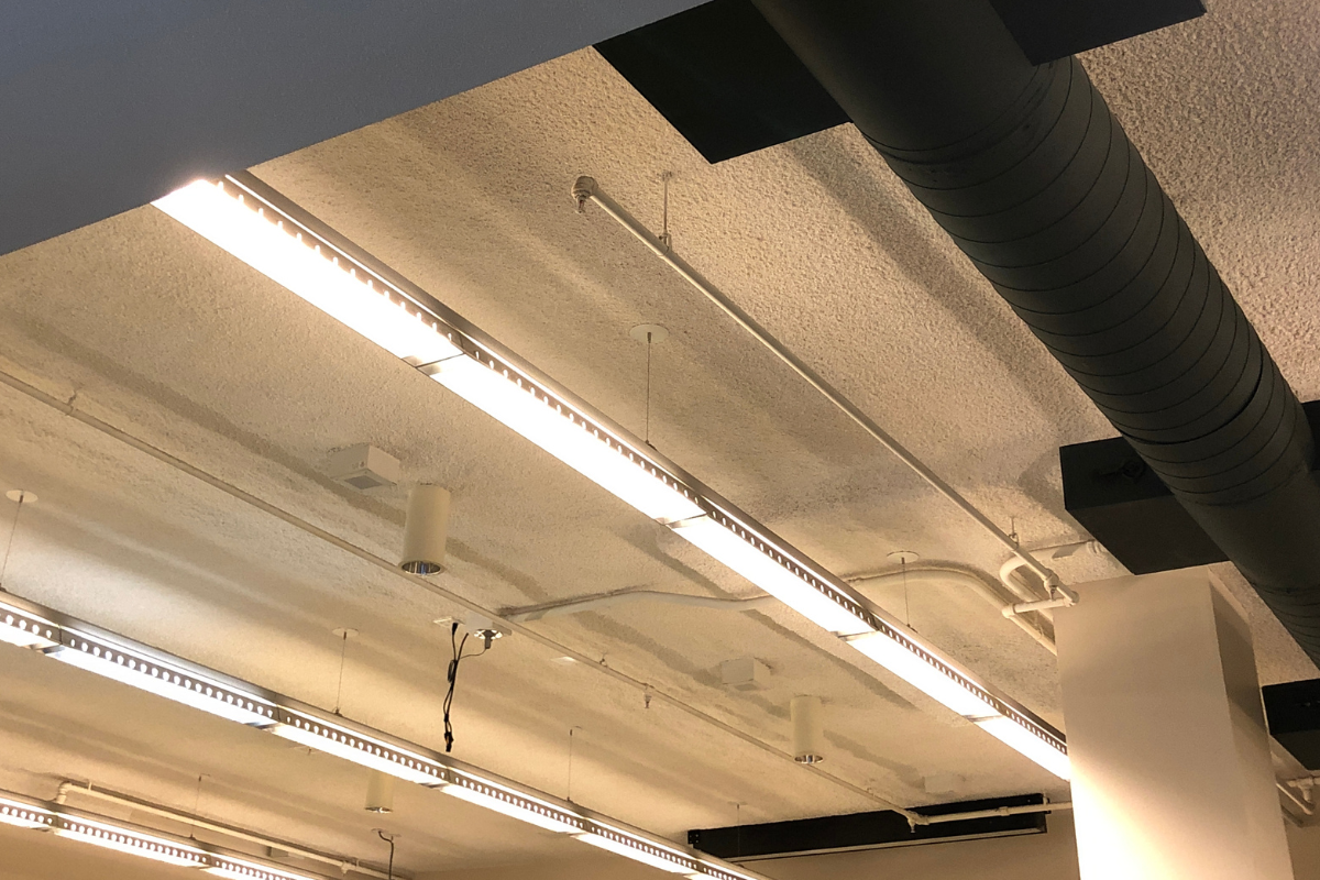 LED lighting strip inside of an office space.