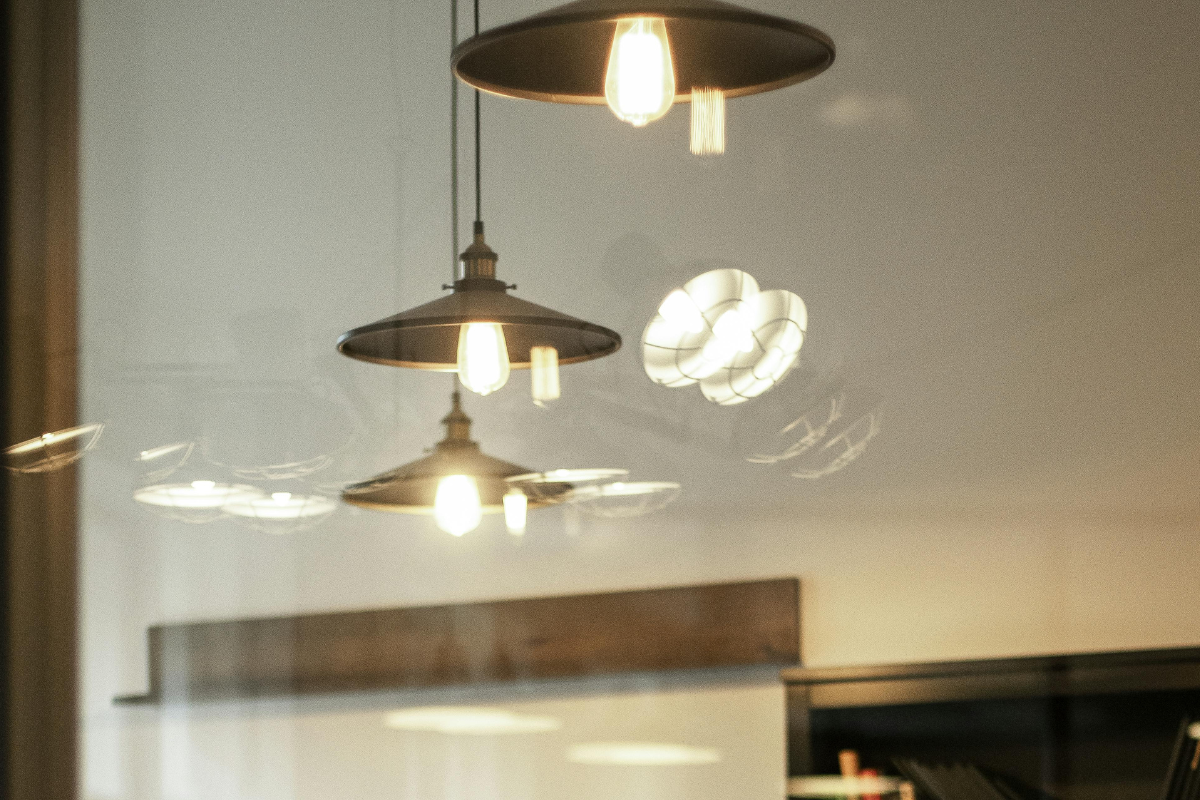Light bulbs installed in a modern office building.