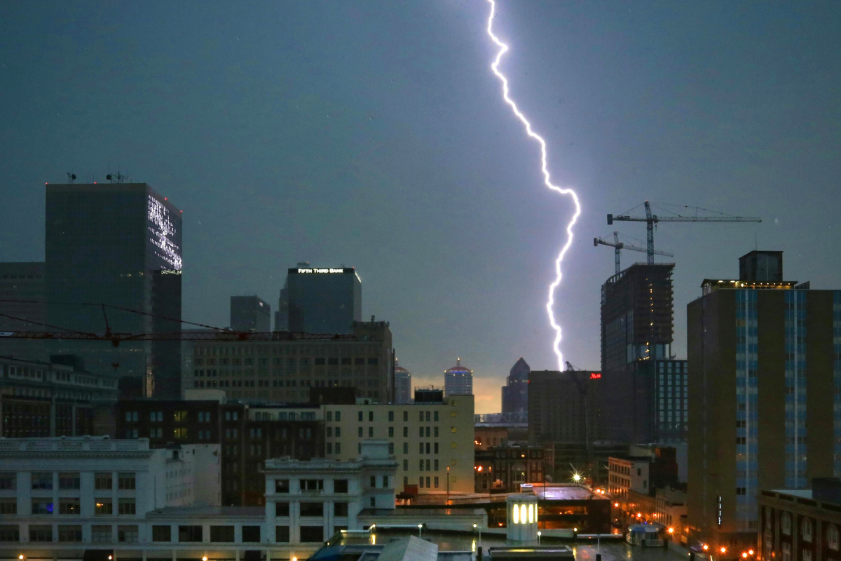 Lightning strike in a big city.