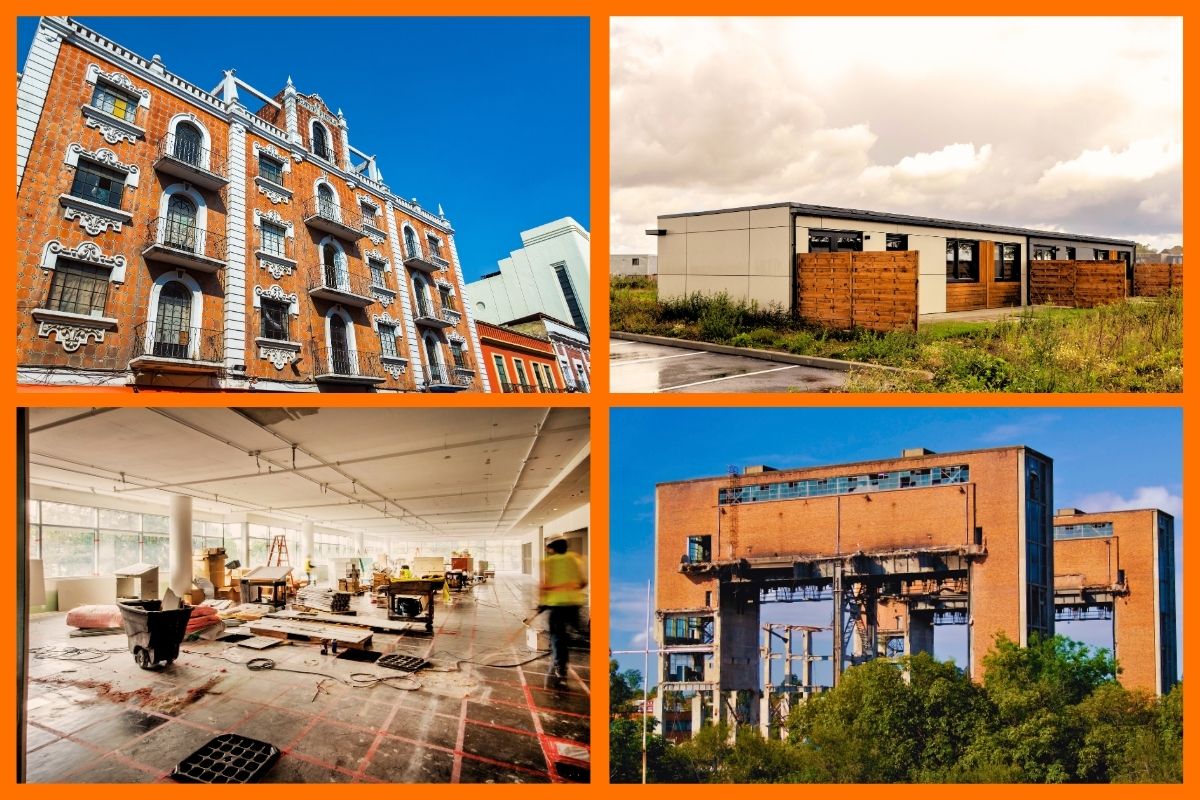 Image collage showing 4 possible exceptions under the UK's Minimum Energy Efficiency Standards (MEES), Listed Buildings, Temporary Buildings, Industrial Sites and Workshops, and Vacant Buildings and Demolition. 