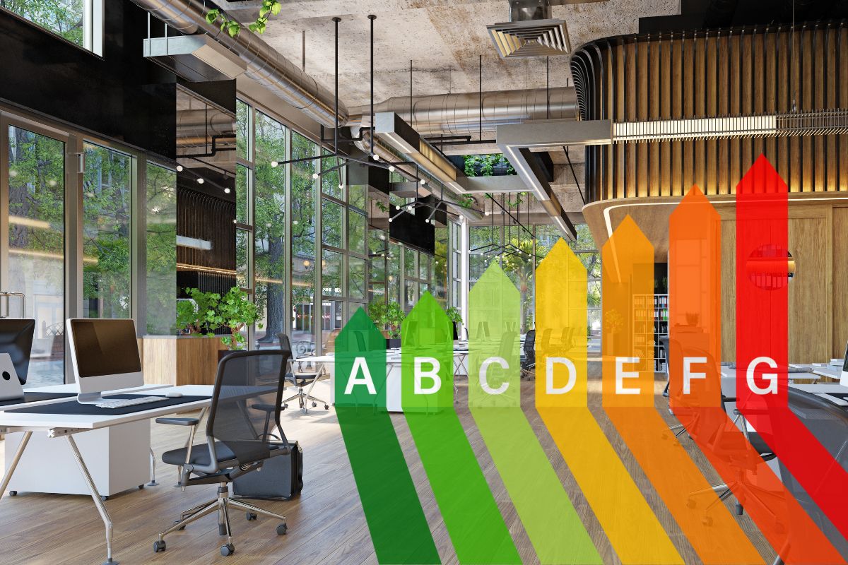 A modern office interior with energy ratings graph overlaid to illustrate EPC ratings in Minimum Energy Efficiency Standards (MEES)