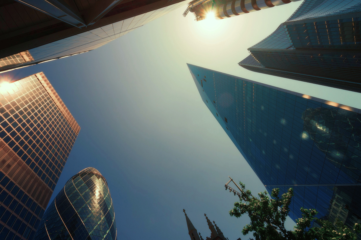 Commercial buildings in London during hot weather in the summer months.