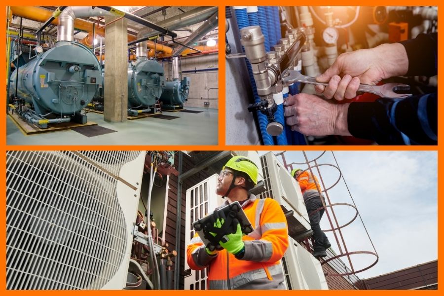 A montage of three images showcasing different aspects of facilities management and maintenance: Top-left, a row of large industrial boilers in a mechanical room with extensive pipework and ducting; top-right, a heating engineer using a wrench to install or service a modern heating system in a boiler room; bottom, two air conditioning maintenance engineers servicing outdoor aircon units on a rooftop, one inspecting with a tablet and the other adjusting equipment.