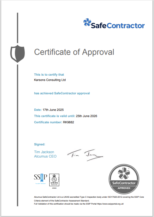 Karsons Consulting' Renewed SafeContractor Accreditation Certificate.