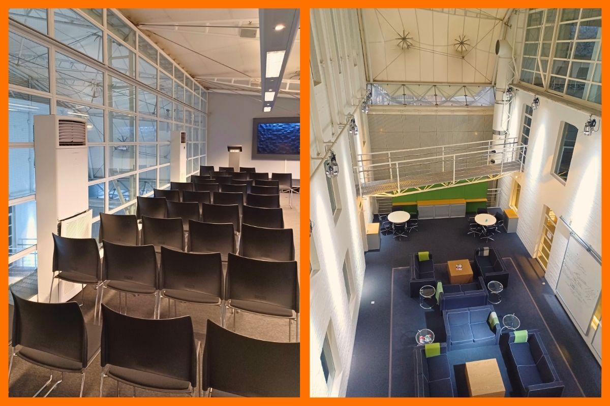 Two interior shots of 25 Store Street: on the left, a conference room with modern seating, large windows, and air conditioning units; on the right, an open-plan atrium with high ceilings, modern furnishings, and bright natural light. Upgraded climate control at 25 Store Street ensures a comfortable indoor environment, with modern air conditioning and improved ventilation.