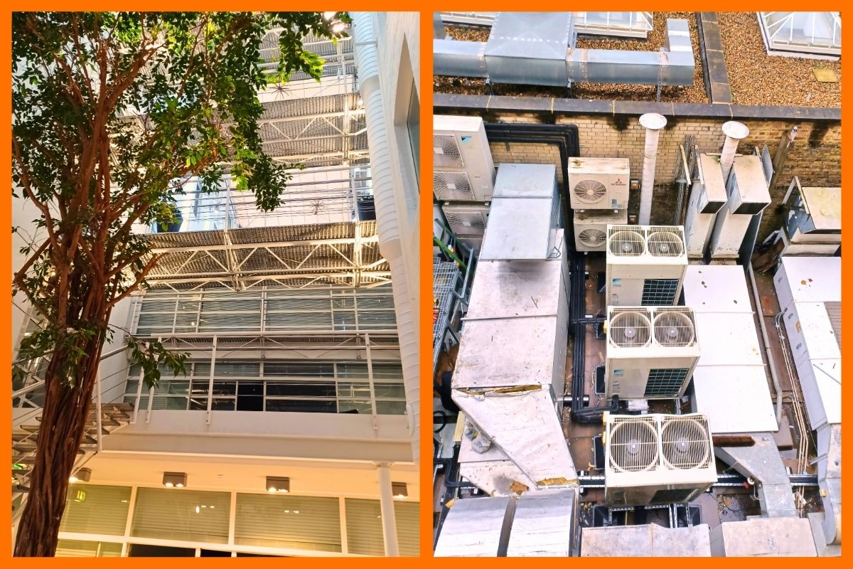 Two images of 25 Store Street’s infrastructure: on the left, a multi-story atrium with indoor greenery and an industrial-style ceiling; on the right, a rooftop HVAC plant with modern air conditioning and ventilation units. Energy-efficient HVAC systems installed at 25 Store Street optimise climate control and reduce operational costs.