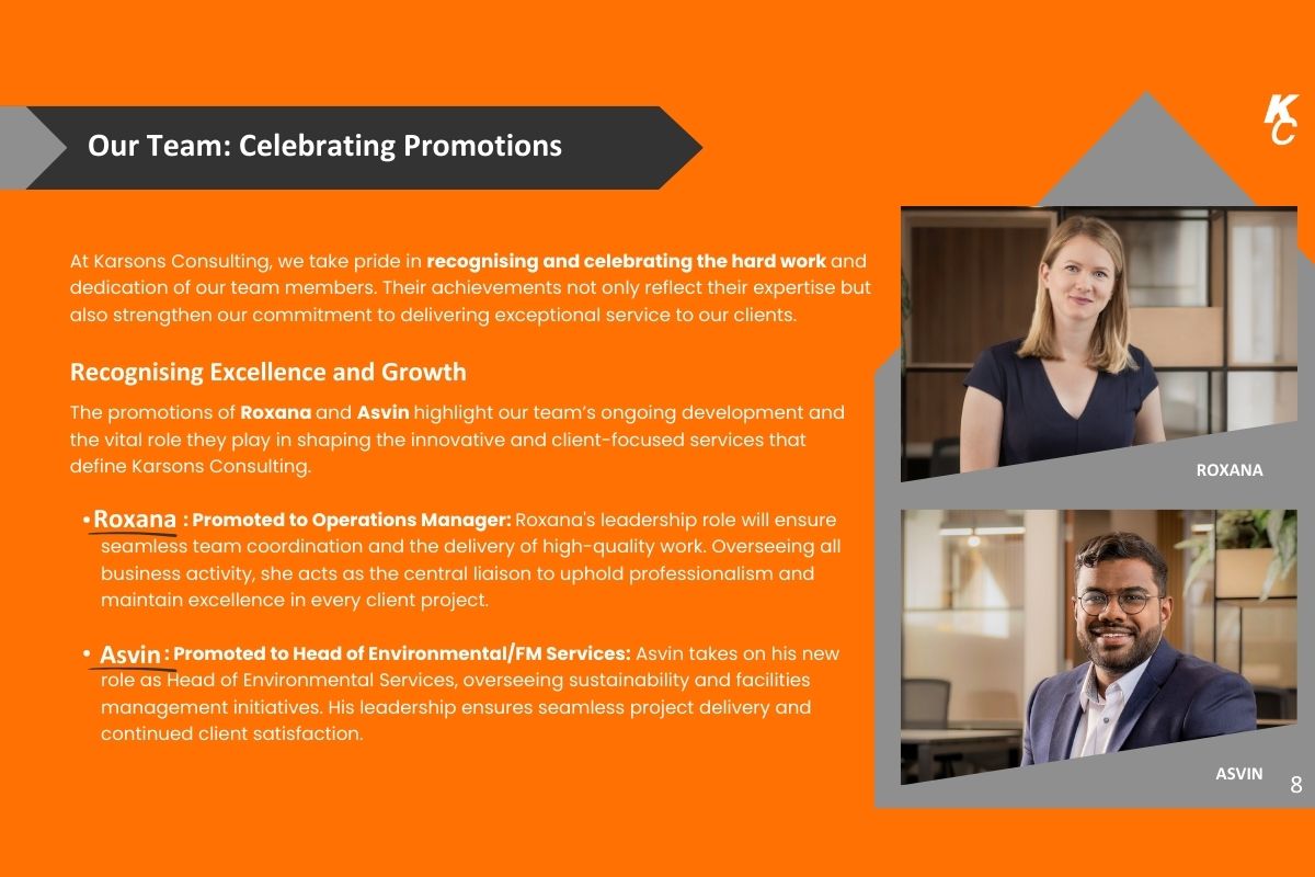 Karsons Consulting 2024 promotions announcement featuring Roxana, promoted to Operations Manager, and Asvin, promoted to Head of Environmental/FM Services, highlighting their leadership roles and contributions to client-focused services