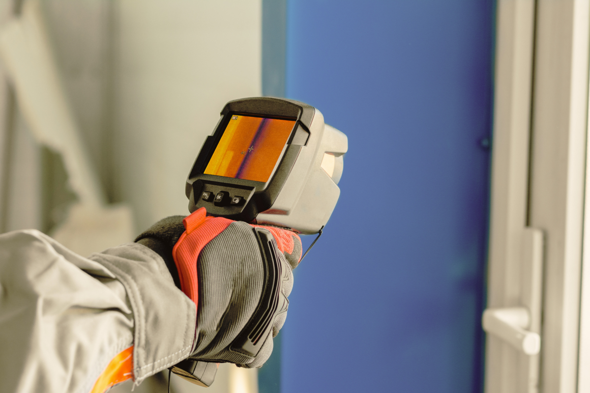 Qualified and certified thermal imaging professional is performing a thermal imaging survey using specialist equipment.