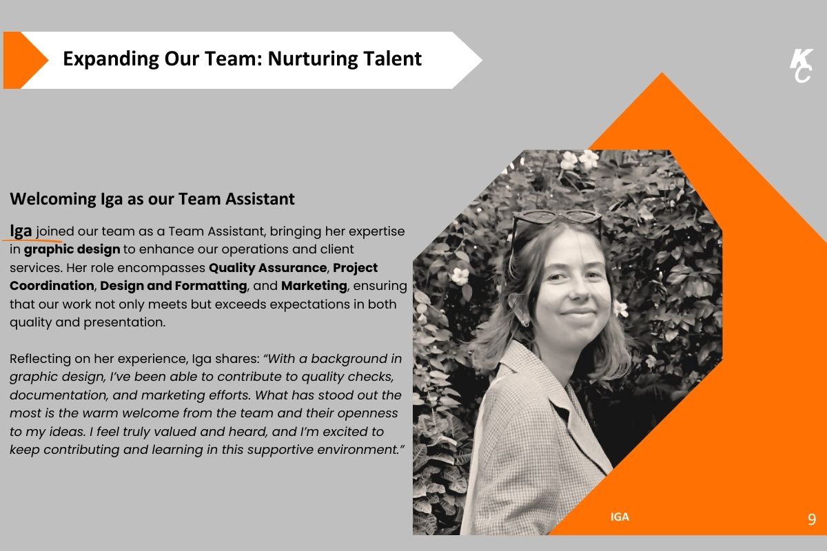 Karsons Consulting welcomes Iga as Team Assistant. Image features Iga smiling outdoors, highlighting her role in quality assurance, project coordination, design, and marketing